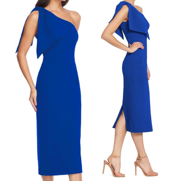 Dress the Population Tiffany Midi Dress Bow One Shoulder Electric Blue NEW Large - Picture 1 of 9